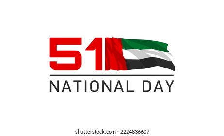 translated: Fifty one UAE national day, Spirit of the union. Banner with UAE state flag. Illustration of 51 National day United Arab Emirates. Card in honor of the 51 anniversary 2 December 1971-2022