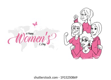 Translated Women's Day. Greeting card with four women of different nationalities and cultures standing together with map. Women's friendship. Vector
