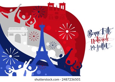 Translate:July 14, Happy National day. Happy Happy National day of France vector illustration. Suitable for greeting card, poster and banner