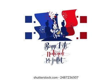 Translate:July 14, Happy National day. Happy Happy National day of France vector illustration. Suitable for greeting card, poster and banner