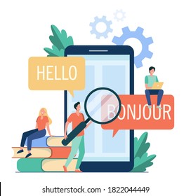 Translating App On Mobile Phone. People Using Online Translation Service, Translating From English Into French. Vector Illustration For Foreign Language Learning, Online Service, Communication Concept