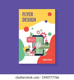 Translating app on mobile phone. People using online translation service, translating from English into French. Vector illustration for foreign language learning, online service, communication concept