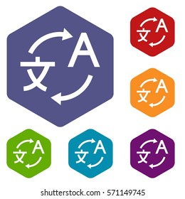 Translating icons set rhombus in different colors isolated on white background
