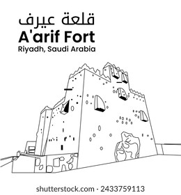 Translation - Aarif Font. Skycraper Tower in Riyadh Saudi Arabia Skyline City. Line art style
