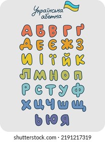 Translation: " Alphabet in Ukrainian. А, B, V, H, G, D, E, YE,  ZH, Z, Y, I, YI , Y,
K, L, M, N, O, P, R, S, T, U, F, KH, TS, CH, SH, SHCH, -, YU, YA "
Education for children. Kindergarten poster.