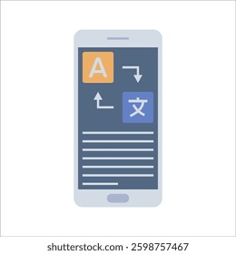 Translation App Flat design style, smartphone screen with translation symbols, illustrating language translation, useful for global communication, app designs, and digital interaction concepts.