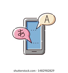Translation app or online dictionary icon - flat tablet or smartphone screen with speech bubbles with English and Japanese alphabet characters, isolated interpreter symbol vector illustration