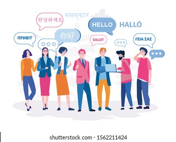 Translation application, multilingual greeting, people from different countries talking together, hello in different languages. Vector illustration for web, mobile website. international communication