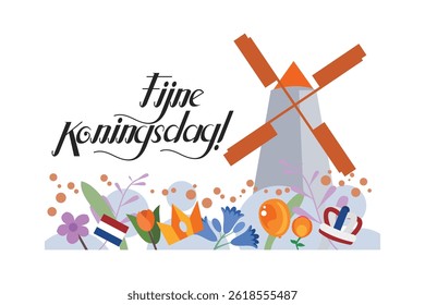 Vertaling: 27 april, Gelukkige Koningsdag. Fijne Koningsdag! vectorillustratie. Geschikt voor wenskaart, poster en banner. 