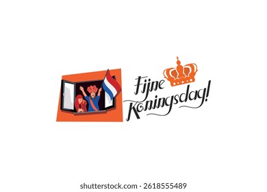 Vertaling: 27 april, Gelukkige Koningsdag. Fijne Koningsdag! vectorillustratie. Geschikt voor wenskaart, poster en banner. 