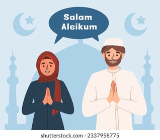 Translation from arabic peace to you. Muslim people greeting. Man and woman in traditional oriental clothingn. Religion Islam. Western asian holiday and festival. Cartoon flat vector illustration