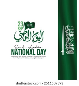 Texto árabe da tradução: Dia Nacional da Arábia Saudita. 94 anos de aniversário. Reino da Arábia Saudita 23 de setembro de 2024. Slogan de saudação de dia nacional para Arábia Saudita, Kuwait, Emirados Árabes Unidos, Catar
