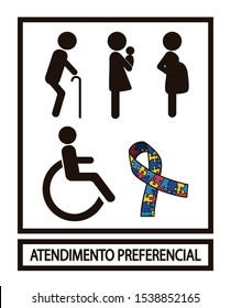 Translation for Atendimento Preferencial is priority treatment. Portuguese language. Disability, elderly, pregnant and woman with baby and autism. Vector sign.