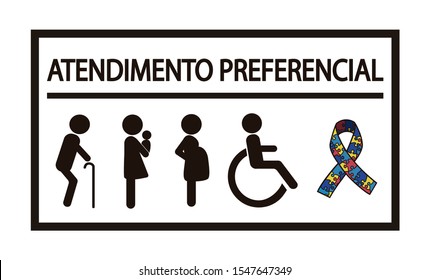 Translation for Atendimento Preferencial is priority treatment. Portuguese language. Disability, elderly, pregnant and woman with baby and autism. Vector sign.