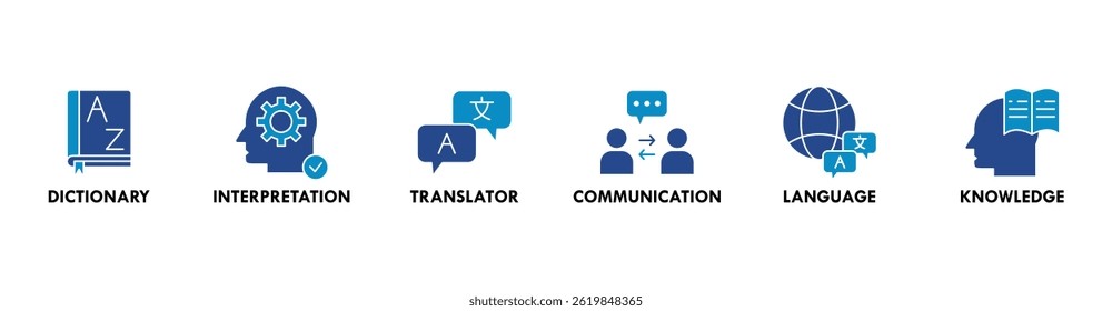 Translation banner web icon vector illustration concept with icon of dictionary, interpretation, translator, communication, language, and knowledge