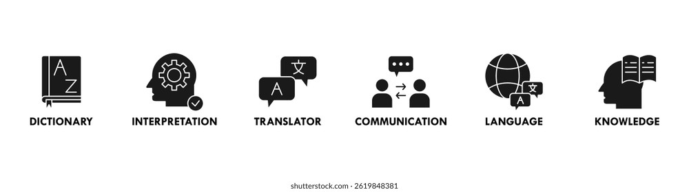 Translation banner web icon vector illustration concept with icon of dictionary, interpretation, translator, communication, language, and knowledge
