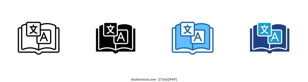 Vector de diseño de íconos de estilo múltiple: libro abierto con símbolos de traducción, que representa el estudio de idiomas y el aprendizaje de la comunicación