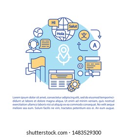 Translation career, profession article page vector template. Language learning. Brochure, magazine, booklet element with linear icons and text. Print design. Concept illustrations with text space
