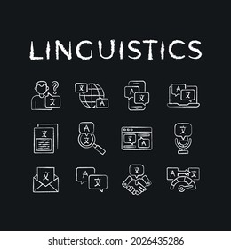 Translation chalk icons set. Linguistics. Vector isolated black illustration.