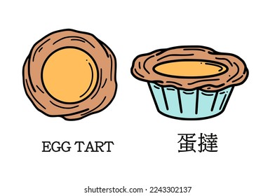 Translation from Chinese egg tart vector illustration. Chinese New year dessert in doodle style.