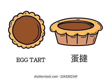 Translation from Chinese egg tart vector illustration. Chinese New year dessert in doodle style.