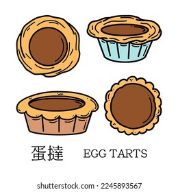 Translation from Chinese egg tart vector illustration. Chinese New year dessert in doodle style.