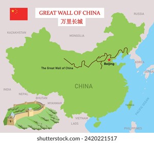 Translation from Chinese - The Great Wall. Great Wall in China map. Education vector illustration