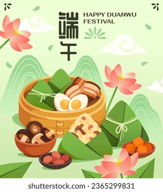 Translation from Chinese: happy duanwu festival. Traditional Chinese Dragon Boat holiday. Flyer with national food, nuts, bloom flowers, sky, mushrooms, eggs, rice in bamboo. Flat vector illustration