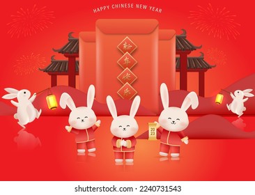 Translation : Chinese New Year 2023 Year of the Rabbit. Chinese Zodiac Template, Poster Banner Flyer for Chinese New Year Vector Illustration