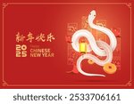 Translation : Chinese New Year 2025 Year of the Snake. Chinese Zodiac Template, Poster Banner Flyer for Chinese New Year Vector Illustration