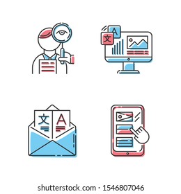 Translation color icons set. Proofreading, website localization. Multilingual online dictionary mobile app. Email translation, DTP services. Isolated vector illustrations