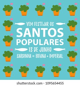 Translation: Come celebrate Popular Saints. June 13. Sardines, Steak in bread and Beer. Frame banner with sardines invite for Portugal festivities Santos Populares Santo António party. Baby blue