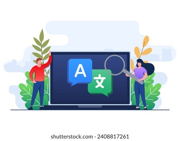 Translation concept flat illustration vector template, Translate languages, Online translator mobile application on tablet, People translating languages
