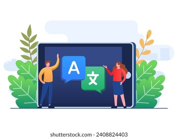 Translation concept flat illustration vector template, Translate languages, Online translator mobile application on tablet, People translating languages