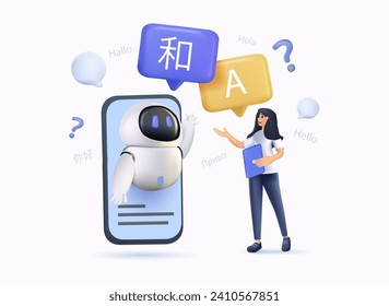 Translation concept. Online translator. AI chat bot help translator. Modern 3D cartoon style. Vector illustration. Online computer translator interface