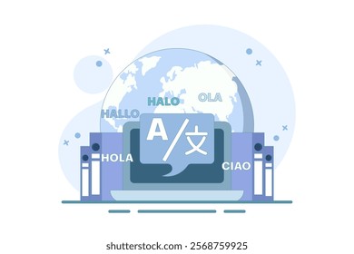 Translation concept. Online translator. Modern flat cartoon style. Online multilingual translator app concept, Using translator app on smartphone to learn languages. Vector illustration.