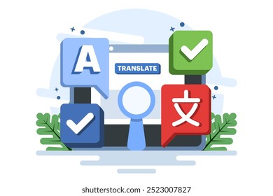 Translation concept, Translate language, Online translator mobile app on device, perform language translation. Flat illustration vector template on background.