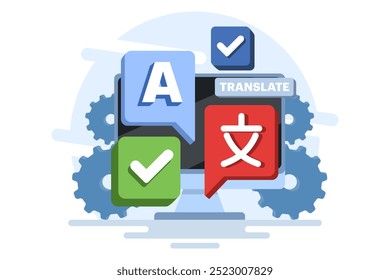Translation concept, Translate language, Online translator mobile app on device, perform language translation. Flat illustration vector template on background.