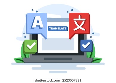 Translation concept, Translate language, Online translator mobile app on device, perform language translation. Flat illustration vector template on background.