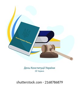 Übersetzung: Tag der Verfassung der Ukraine 28. Juni. Vektorgrafik mit Verfassung, Flagge der Ukraine, Richter Hammer und Bücher. Perfekt für Social Media, Banner, Karten, gedruckte Materialien usw.