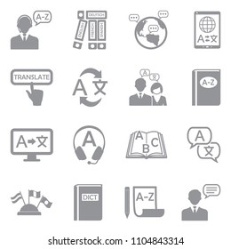Translation And Dictionary Icons. Gray Flat Design. Vector Illustration. 