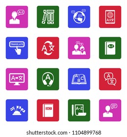Translation And Dictionary Icons. White Flat Design In Square. Vector Illustration. 