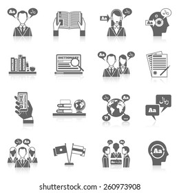 Translation And Dictionary Language Education Black Icon Set Isolated Vector Illustration