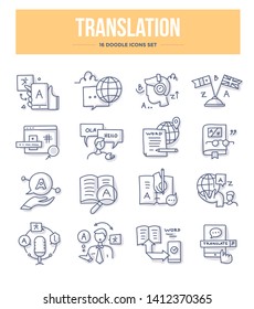 Colección de iconos del doodle de traducción. Traducción de idiomas y textos, traductor, diccionario y comunicación. Ilustraciones dibujadas a mano por vectores para sitios web y materiales de impresión