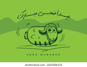 Translation EID Adha Mubarak in Arabic calligraphy handwritten font freehand drawing vector with cartoon comic sheep illustration eid greeting design.
