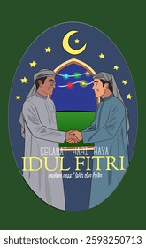 Translation : Eid al Fitr. People who are forgiving each other. With Decorative lights. Eid Mubarak Poster Design