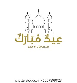 Translation: Eid Mubarak. Eid Mubarak Greeting Card Design with Arabic Calligraphy and Mosque Line Art – Islamic Celebration Background