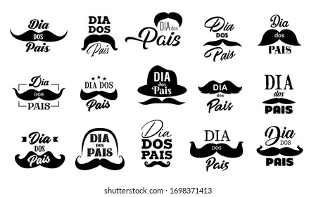 Translation: Fathers Day, Mustache and hat vector icons with Dad holiday lettering quotes in Portuguese. Dia dos Pais hand-drawn font greeting cards with hipsters mustaches and retro bowler caps