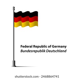 Traducción: República Federal de Alemania Bundesrepublik Deutschland Ondeando la bandera de Alemania en el asta. Dimensiones precisas y colores oficiales.
