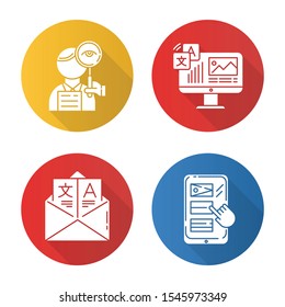 Translation flat design long shadow glyph icons set. Proofreading, website localization. Multilingual online dictionary mobile app. Email translation, DTP services.Vector silhouette illustration